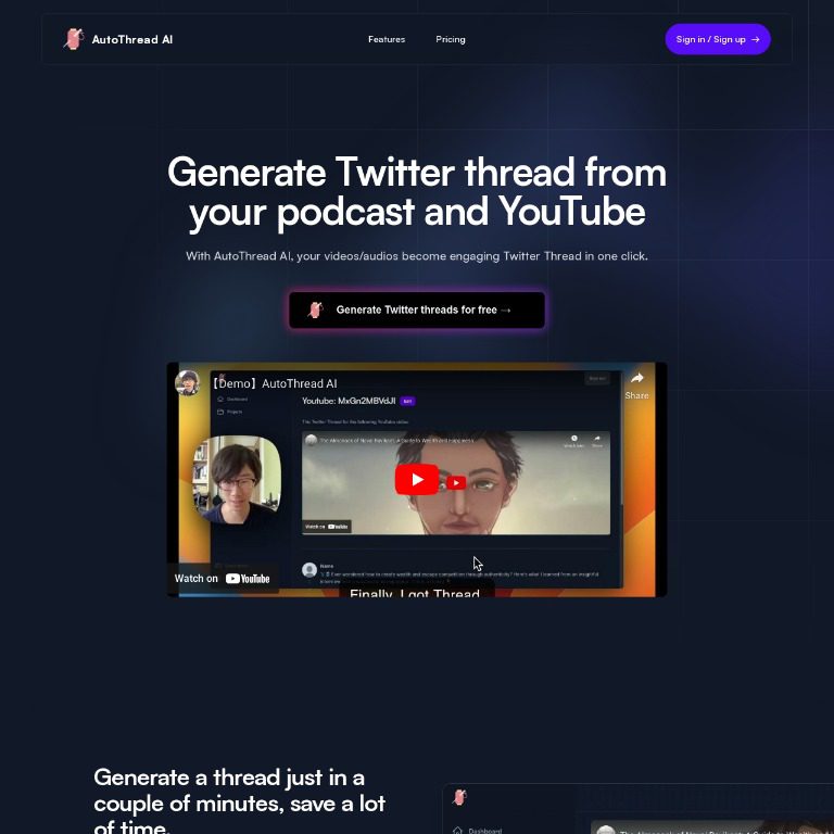 AutoThread AI - Turn your podcast and YouTube into engaging Twitter threads automatically.